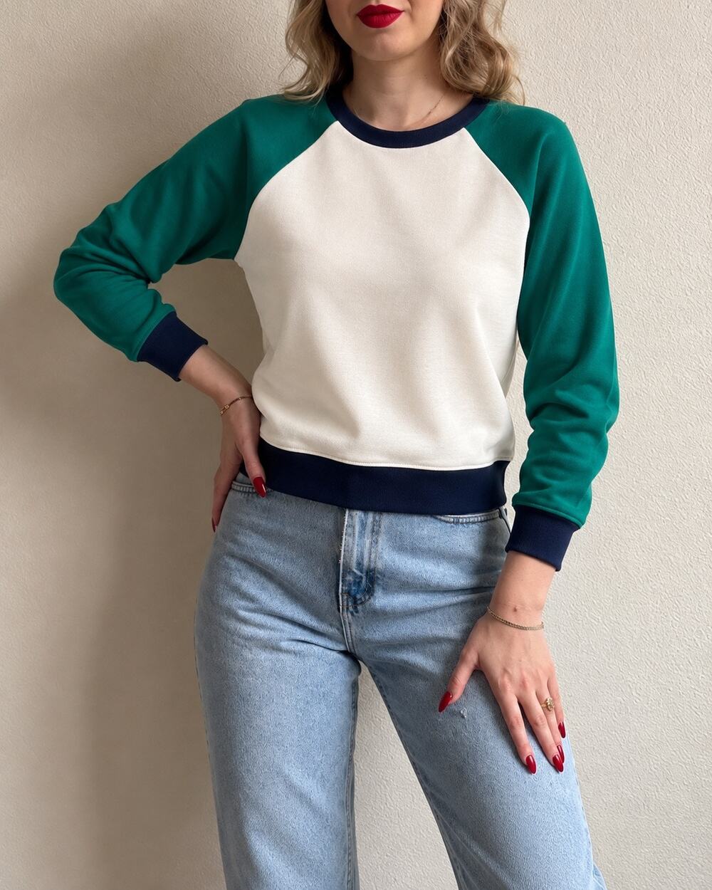 J Crew Raglan Colorblock Pullover Sweatshirt Small Ivory Green Baseball Stretchy